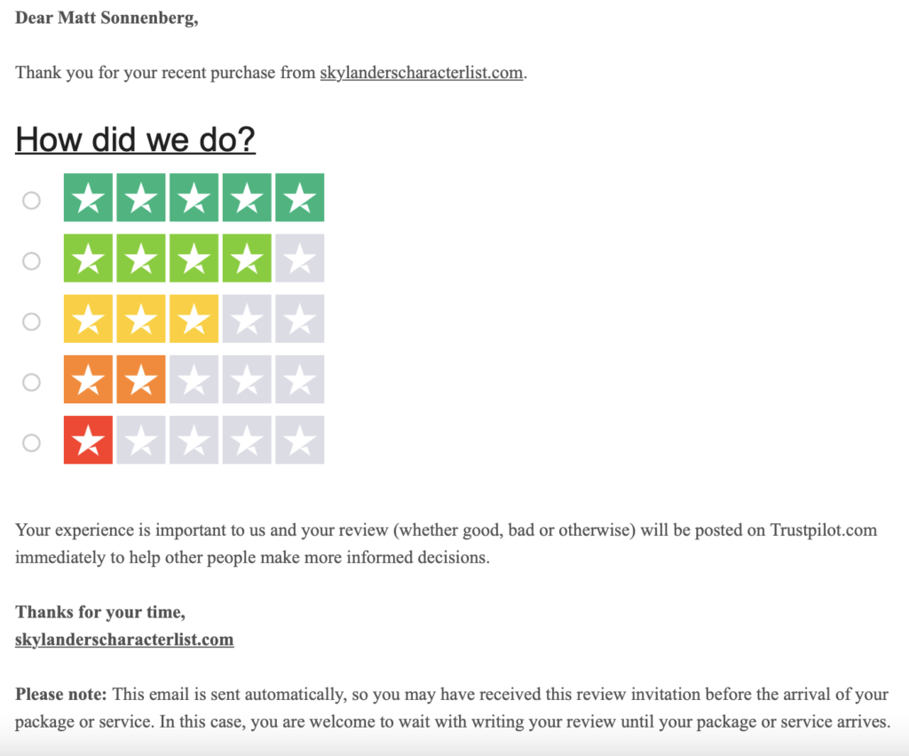 Trustpilot Email Contents